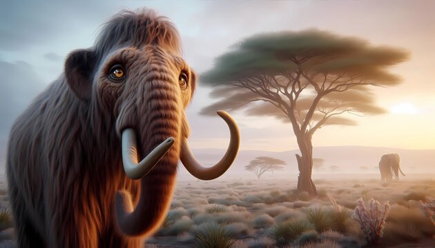 a mamut in the background of an acacia tree in the Serengeti with soft dawn light.
Created with generative A.I.