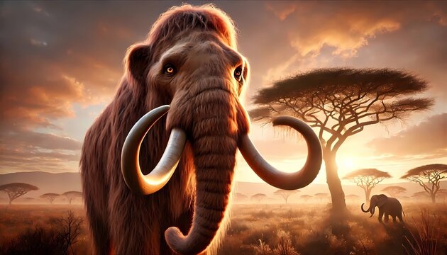 a mamut in the background of an acacia tree in the Serengeti with soft dawn light.
Created with generative A.I.