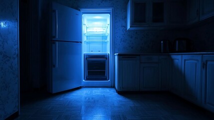 Open refrigerator in dark kitchen at night. Interior illuminated by refrigerator light.