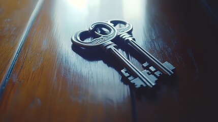 Two antique keys rest on a dark wooden surface.