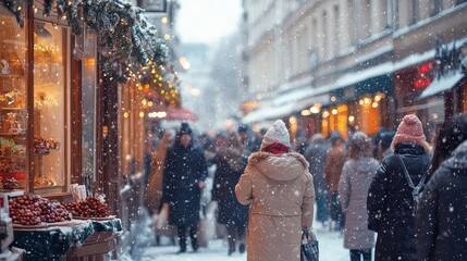 Snowy City Street with Holiday Lights and People Walking