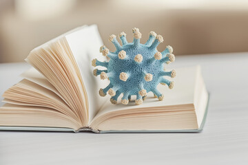 virus model placed on open book symbolizes health education