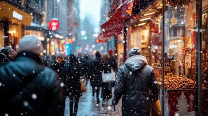 Snowy City Street with Holiday Decorations and People Shopping