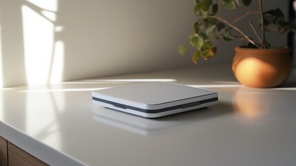 Weighing ingredients with precision minimalist digital kitchen scale on pristine white metallic surface soft ambient light modern kitchen setting
