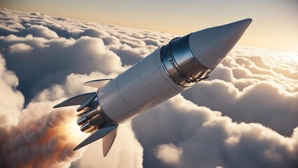 Majestic rocket ascends through fluffy clouds, a breathtaking spectacle of power and grace.  The sunrise paints the sky with vibrant hues.