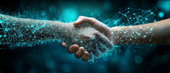 Fototapeta premium Interconnected Hands Symbolizing Partnership on Dark Blue Network Background - Business and Partnership Concept in Abstract Image