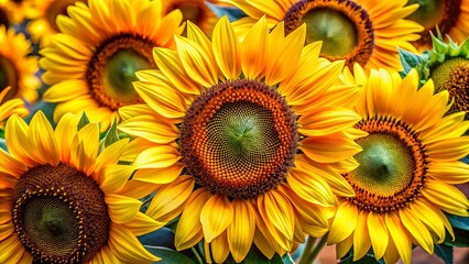Obraz premium A vibrant tapestry of golden yellow petals, each sunflower a miniature sun radiating warmth and joy, their intricate centers revealing the beauty of nature's design.