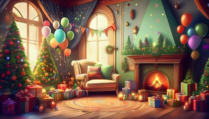 クリスマスパーティーの準備がされた可愛い暖炉のある部屋のイメージc