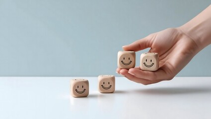 Hand carefully places happy smiling cubes; positive vibes, contentment, and joyful mood.