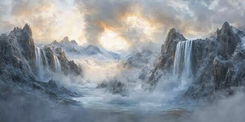 Obraz premium A serene landscape featuring majestic mountains and cascading waterfalls under a cloudy sky.