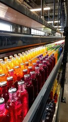 A state-of-the-art bottling facility for craft beverages, where colorful drinks are being filled and sealed, emphasizing unique flavors and local sourcing