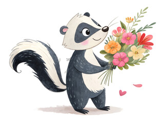 Fototapeta premium cute skunk holding a bouquet of flowers watercolor sketch illustration