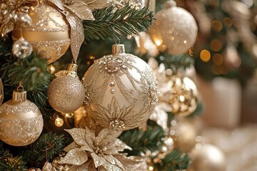 Sparkling Gold and Silver Christmas Ornaments on a Tree