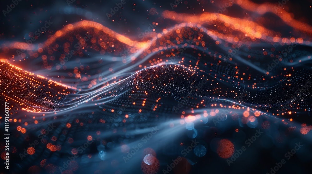 Poster big data concept blockchain 3d illustration information waves and the global database neural network