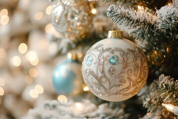 White Christmas Ornament with Silver and Blue Accents