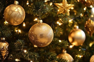 Sparkling Gold Christmas Ornaments on a Green Tree