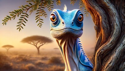 portrait of a blue sea dragon with an acacia tree in the background of the Serengeti with soft light. Created with generative AI.