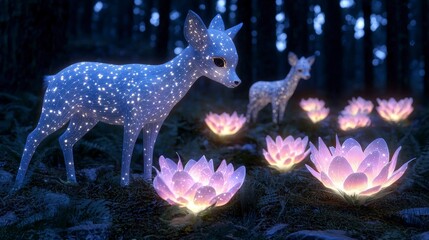 Enchanted Forest  Glowing Deer  Fantasy Flowers  Night Scene