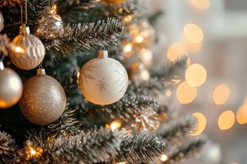 Festive Christmas Tree Decorated with White and Gold Ornaments