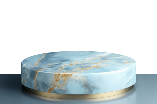 Snow ice blue marble texture with golden veins round product podium stage standing on a blue table for product display, presentation and branding isolated on a transparent background, png cutout.

