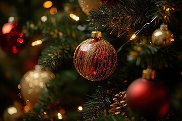 Red and Gold Christmas Ornament on a Tree