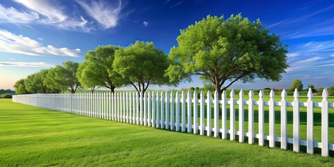 A white picket fence lines a lush green lawn, punctuated by the vibrant green foliage of several trees against a backdrop of a bright blue sky dotted with fluffy white clouds.