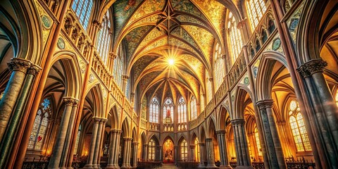 Obraz premium Golden Sunlight Illuminates the Interior of a Majestic Cathedral with Soaring Arches and Ornate Windows