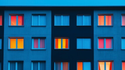 Naklejka premium Illuminated Apartment Building at Dusk Modern Architecture Cityscape Windows Night Lig
