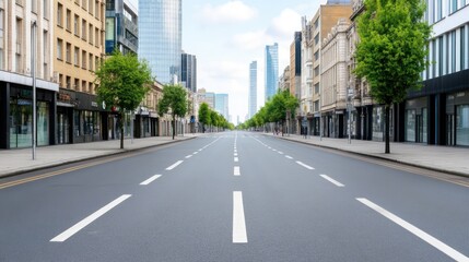Empty city street lined with trees and modern buildings.