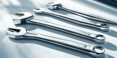 Fototapeta premium A set of shiny metal wrenches arranged on a surface, ready for mechanical tasks.