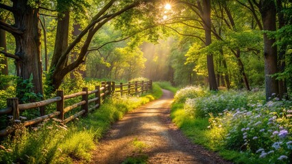 Fototapeta premium Golden rays illuminate a winding path through a verdant forest, where sunlight filters through the leaves, casting dappled shadows on the mossy ground.