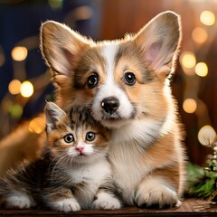 Obraz premium A cute Corgi puppy and a kitten cuddle together
