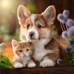 Obraz premium A cute Corgi puppy and a kitten cuddle together