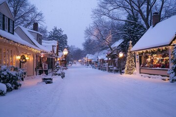 Snowy Village Street with Christmas Lights