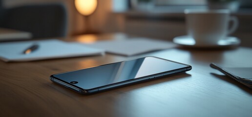 Smartphone on wooden desk with papers and coffee cup.