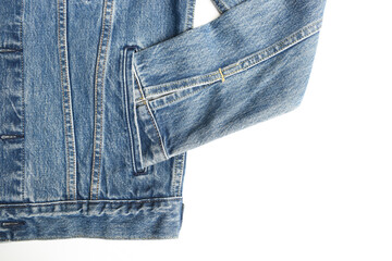 sleeve of blue denim shirt texture isolated on white background, jean fashion style