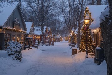Snowy Village Street with Christmas Lights
