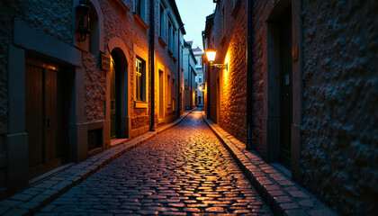 Naklejka premium Narrow cobblestone street at night