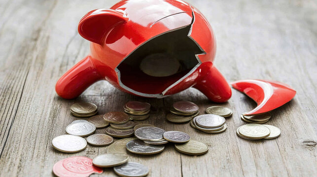 Broken piggy bank with coins scattered around, symbolizing financial struggle and the need for careful budgeting and saving.