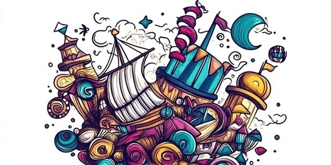 Naklejka premium A whimsical illustration featuring a ship and colorful towers amidst clouds and swirls.