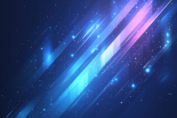 Diagonal blue and pink light streaks on dark background with sparkling particles.