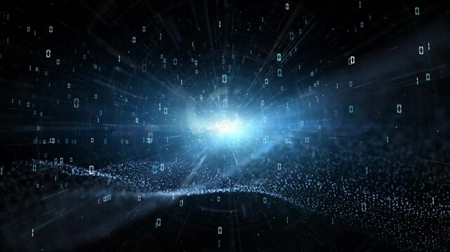 Looping wave dark wavy space with computer data particles motion background.