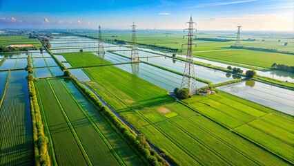 Fototapeta premium A view from above showcasing a network of power lines traversing verdant fields and serene bodies of water, symbolizing the connection between nature and infrastructure.