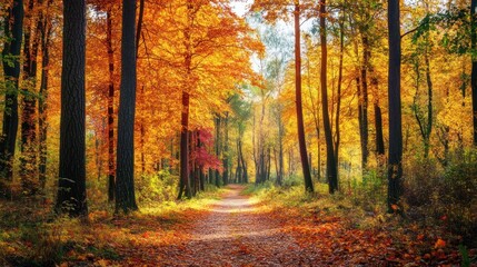 Obraz premium Autumnal Path: A Golden Forest Journey