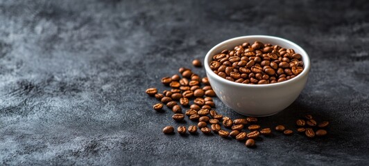 Roasted Coffee Beans in a White Bowl on Dark Background