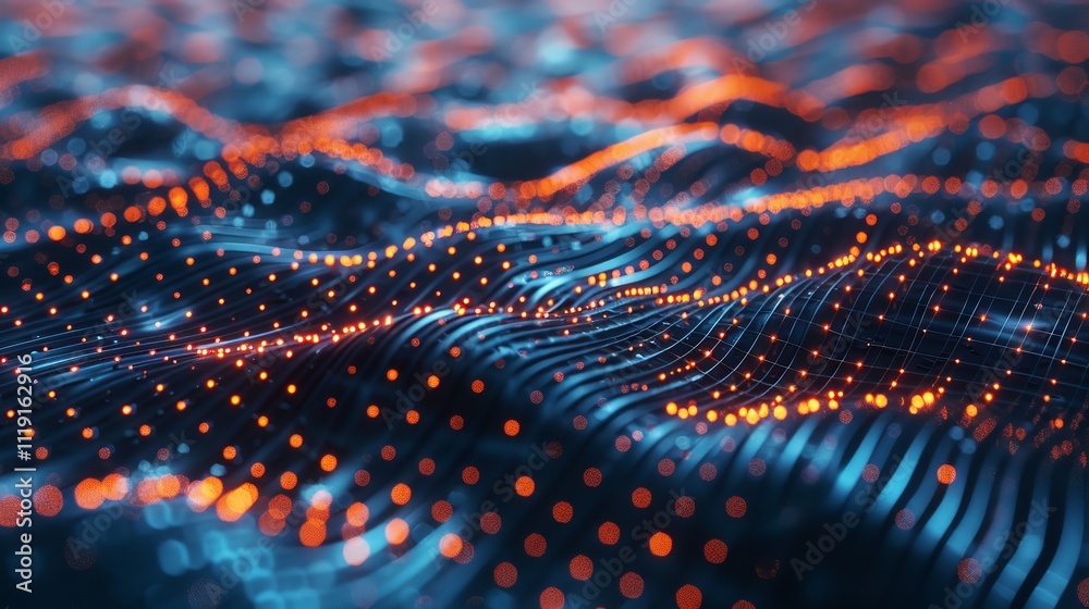 Poster big data concept blockchain 3d illustration information waves and the global database neural network