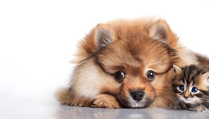 Obraz premium An adorable fluffy Pomeranian puppy lies beside a small Bengal kitten on a white background.