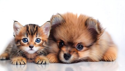 Fototapeta premium An adorable fluffy Pomeranian puppy lies beside a small Bengal kitten on a white background.
