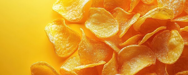 A close-up view of golden potato chips scattered against a vibrant yellow background, showcasing their crisp texture and inviting color.