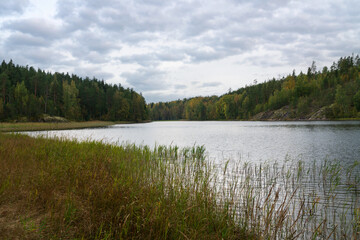 View from the shore of Lake Ladoga near the village of Lumivaara on a sunny autumn day, Ladoga skerries, Lahdenpohya, Republic of Karelia, Russia